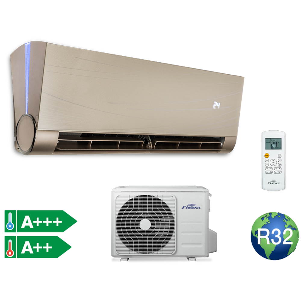 FISHER FSAIF-Art-93AE3-G (kültéri + beltéri egység) Oldalfali split klíma GOLD 2,6 kW,Hősz, Inverter, R32, WIFI csatlakozási opció